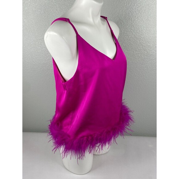 eesome Women Medium Bright Pink Camisole Top Feather Trim Sexy NWT - Picture 3 of 9